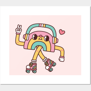 Cute Rainbow With Headphones And Roller Skates Posters and Art